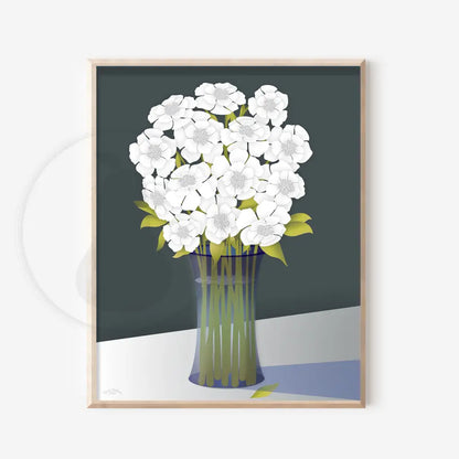 Floral White Bouquet in Glass Vase - Grey Back Ground - FINE ART PAPER - Green Pear House and Home