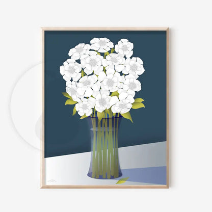 Floral White Bouquet in Glass Vase - Blue Back Ground - FINE ART PAPER - Green Pear House and Home