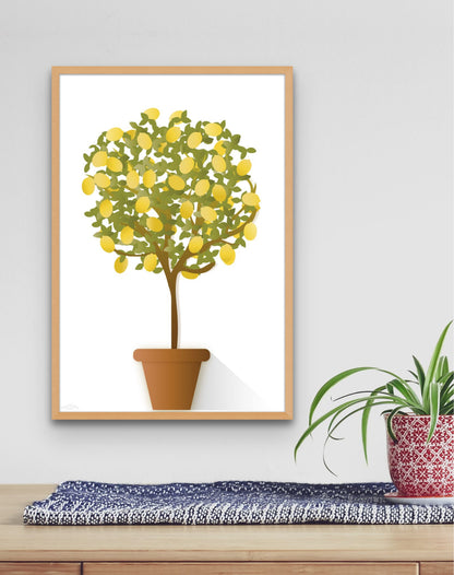 Elegant Artistic Lemon Tree Topiary Fine Art Print Wall Decor Blue White Background