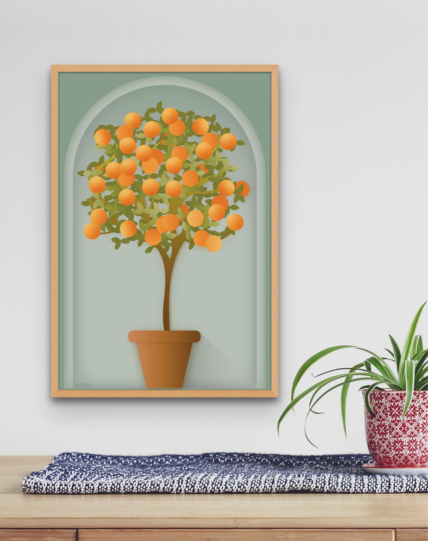 Elegant Artistic Orange Tree Topiary Fine Art Print Wall Decor Blue on Blue Background