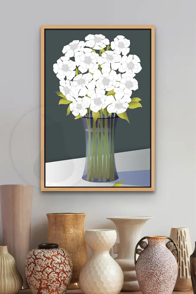 Floral White Bouquet in Glass Vase - Grey Back Ground - FINE ART PAPER - Green Pear House and Home