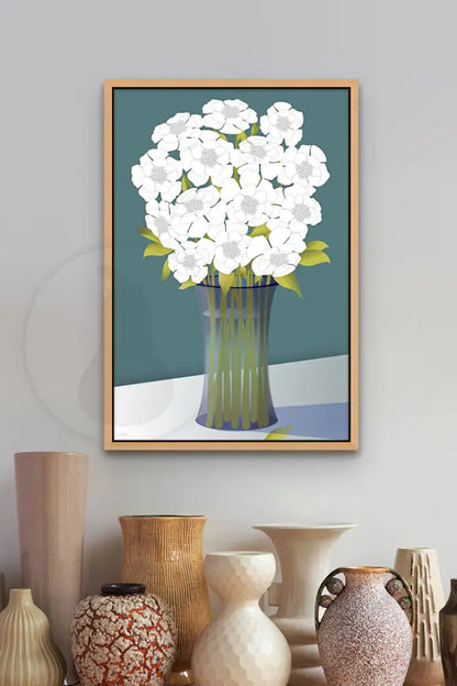 Floral White Bouquet in Glass Vase - China Blue Back Ground - FINE ART PAPER - Green Pear House and Home
