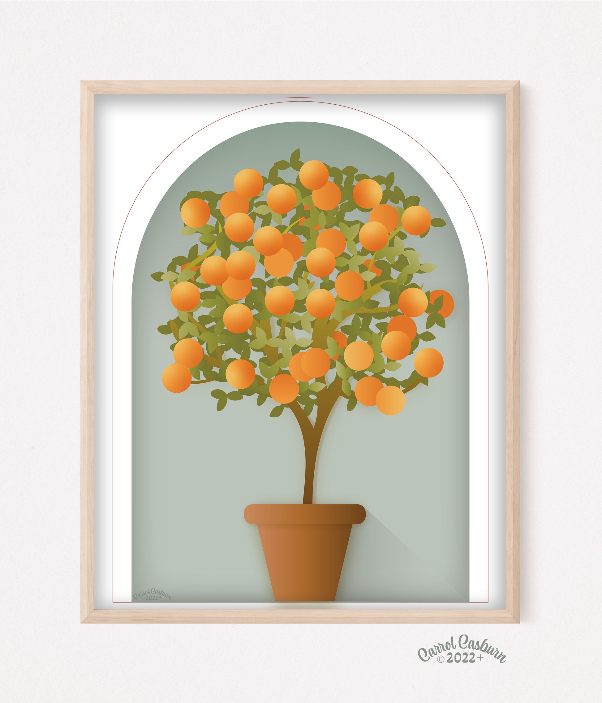 Elegant Orange Tree Topiary Wall Art Blue with White | FINE ART PRINT - Green Pear House and Home
