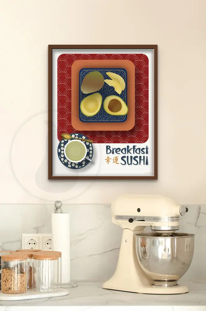 Breakfast Sushi Print Avocado 16 X 20 / Royal Red With Pattern Fine Art Matte Museum-Grade Paper