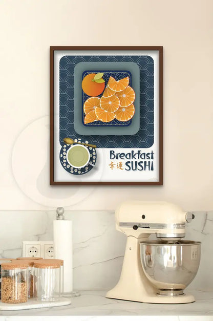 Breakfast Sushi Print Oranges 16 X 20 / Indigo Blue With Pattern Fine Art Matte Museum-Grade Paper