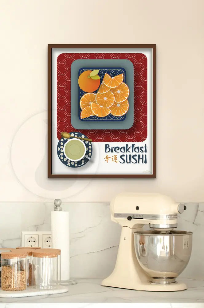 Breakfast Sushi Print Oranges 16 X 20 / Royal Red With Pattern Fine Art Matte Museum-Grade Paper
