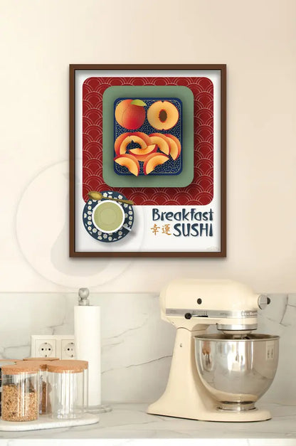 Breakfast Sushi Print Peaches 16 X 20 / Royal Red With Pattern Fine Art Matte Museum-Grade Paper