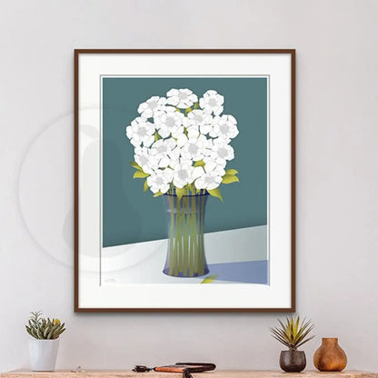 Floral White Bouquet in Glass Vase - China Blue Back Ground - FINE ART PAPER - Green Pear House and Home