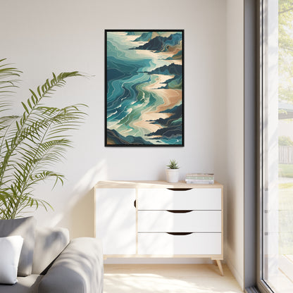 California Ocean Dreaming | Abstract and Nature Inspired Framed Canvas Wall Art Decor | Black Pinewood Frame