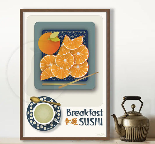 This bright and vibrant Breakfast Sushi Print poster uses fun art to add a unique touch to any wall. Featuring oranges and sushi, this poster is a great way to add a hip, modern vibe to any room.