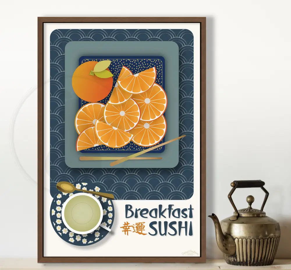 Breakfast Sushi Print Oranges 12 X 18 / Indigo Blue With Pattern Fine Art Matte Museum-Grade Paper