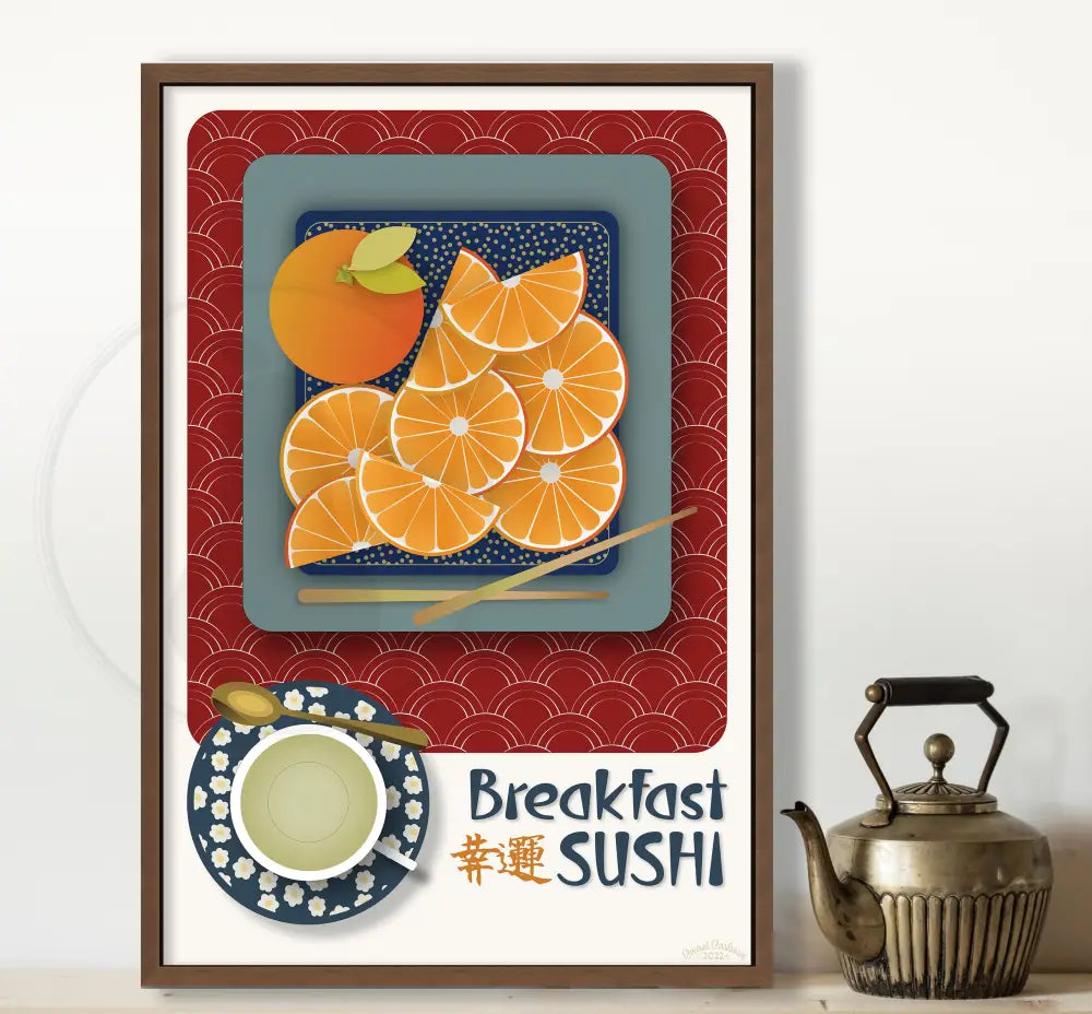 Breakfast Sushi Print Oranges 12 X 18 / Royal Red With Pattern Fine Art Matte Museum-Grade Paper