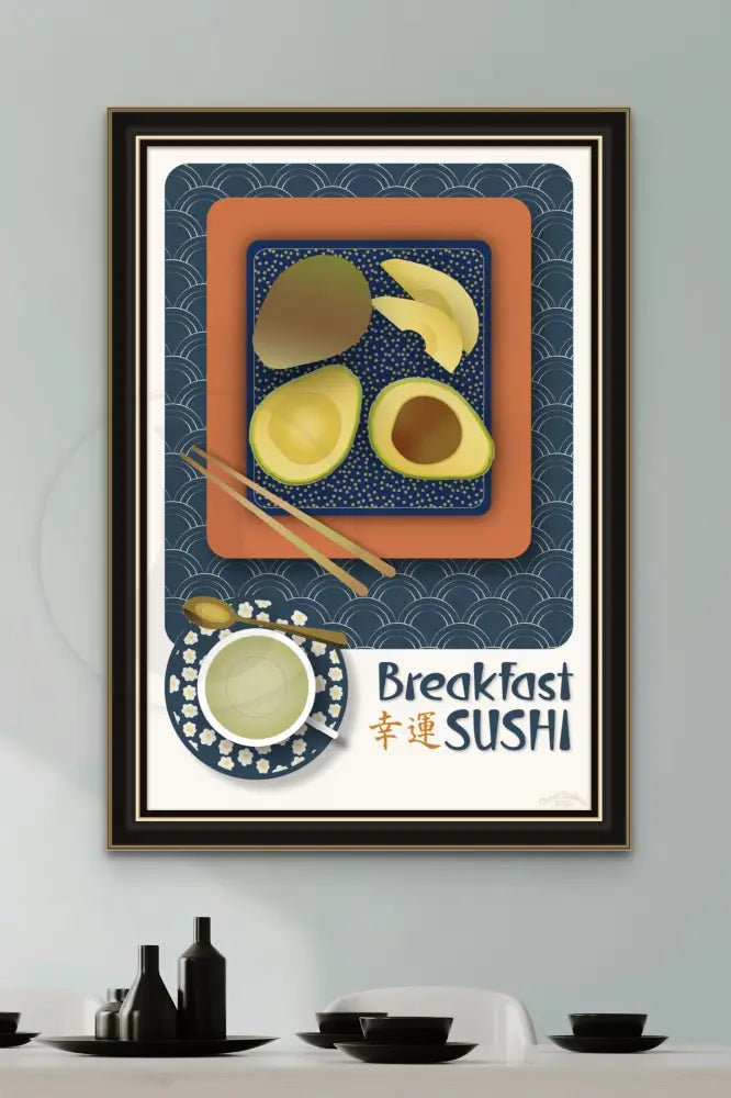 Breakfast Sushi Print Avocado 20 X 30 / Indigo Blue With Pattern Fine Art Matte Museum-Grade Paper