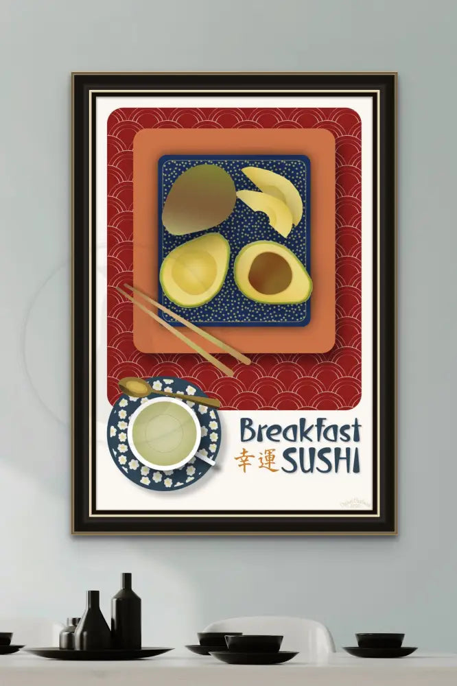 Breakfast Sushi Print Avocado 20 X 30 / Royal Red With Pattern Fine Art Matte Museum-Grade Paper
