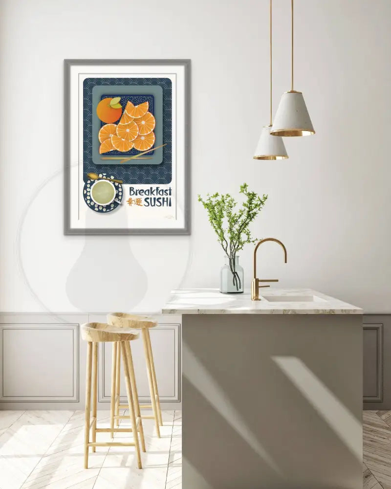 Breakfast Sushi Print Oranges 24 X 36 / Indigo Blue With Pattern Fine Art Matte Museum-Grade Paper