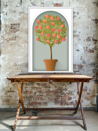 Elegant Peach Tree Topiary Wall Art Blue with White | FINE ART PRINT - Green Pear House and Home