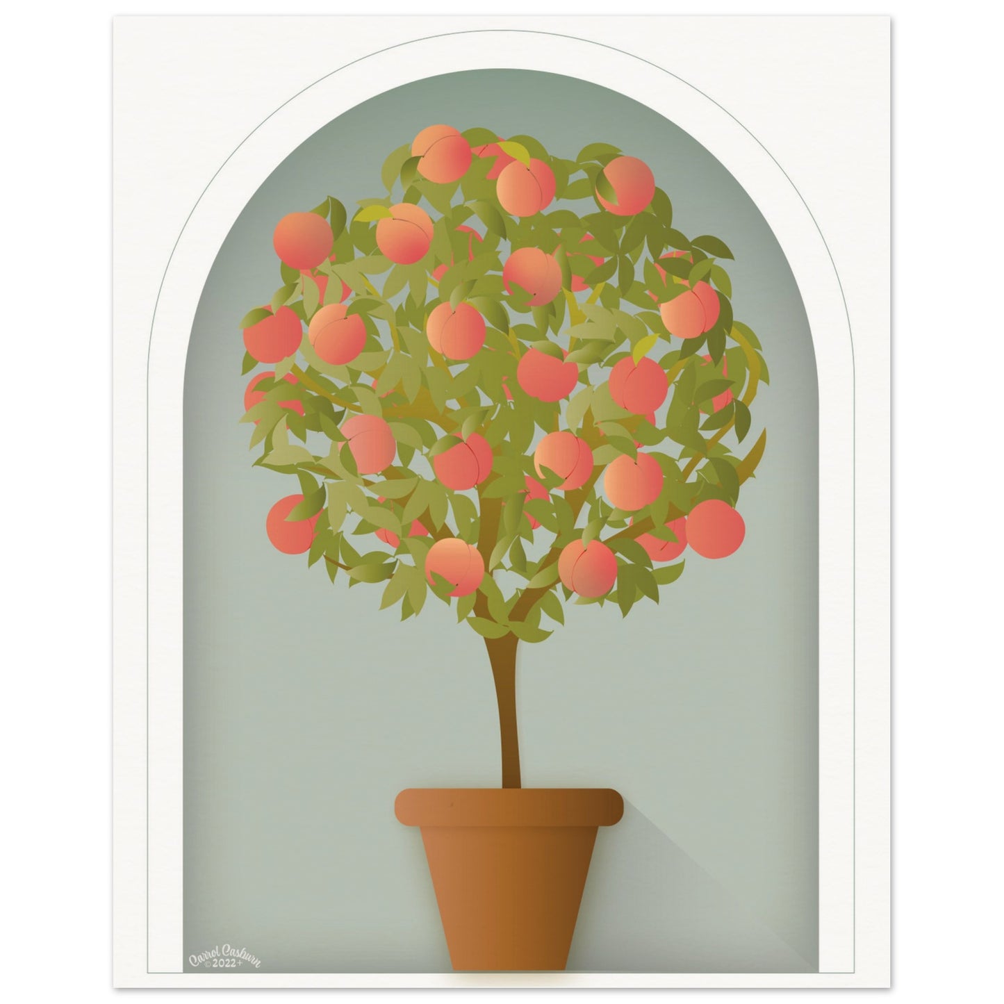 Elegant Peach Tree Topiary Wall Art Blue with White | FINE ART PRINT - Green Pear House and Home