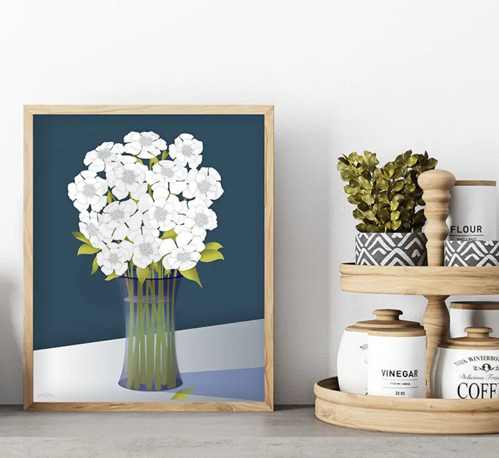 Floral White Bouquet in Glass Vase - Blue Back Ground - FINE ART PAPER - Green Pear House and Home