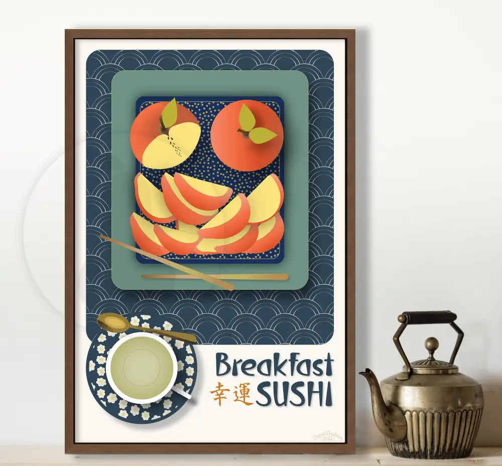 Breakfast Sushi Print Apples 12 X 18 / Indigo Blue With Pattern Fine Art Matte Museum-Grade Paper