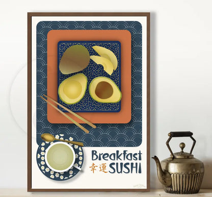 Breakfast Sushi Print Avocado 12 X 18 / Indigo Blue With Pattern Fine Art Matte Museum-Grade Paper