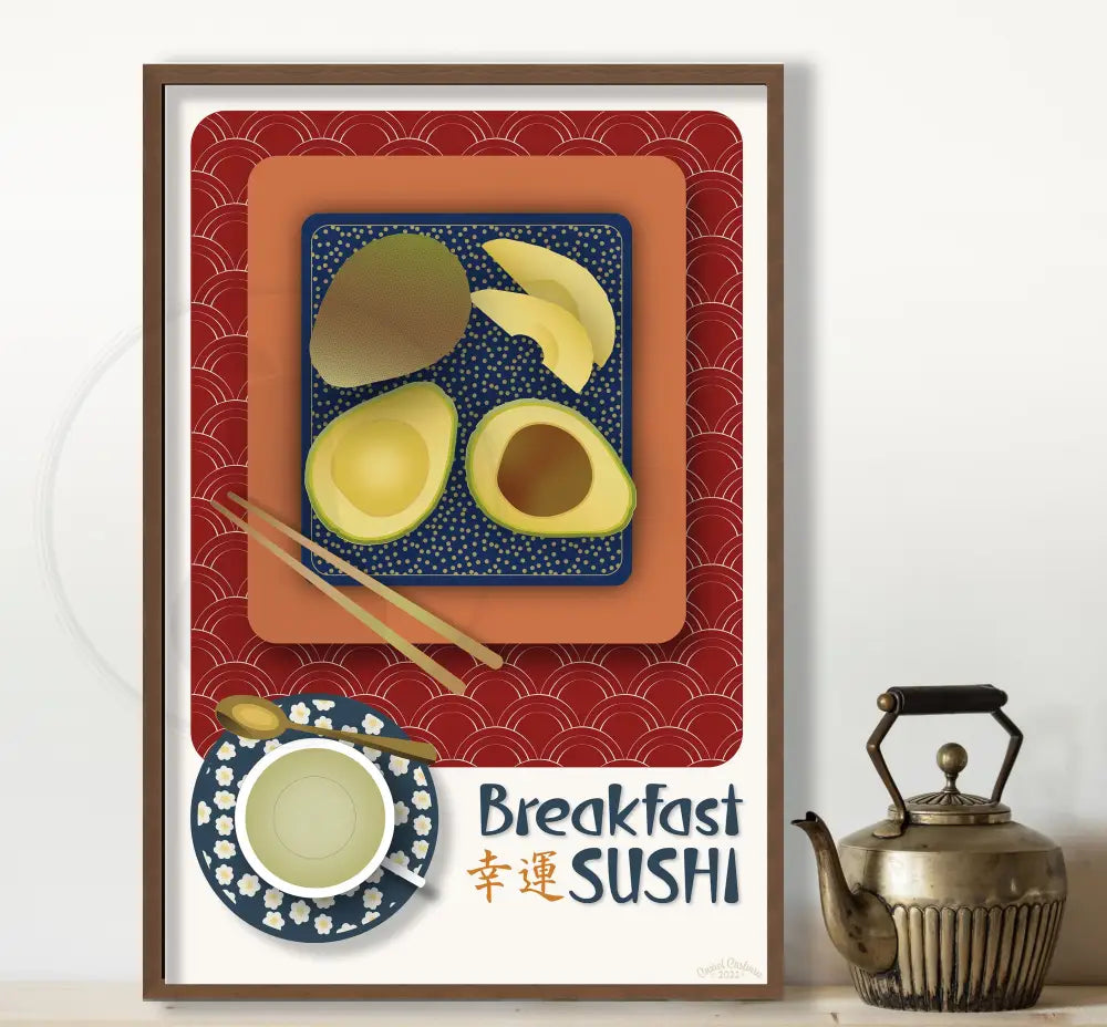 Breakfast Sushi Print Avocado 12 X 18 / Royal Red With Pattern Fine Art Matte Museum-Grade Paper