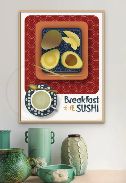 Breakfast Sushi Print Avocado 18 X 24 / Royal Red With Pattern Fine Art Matte Museum-Grade Paper