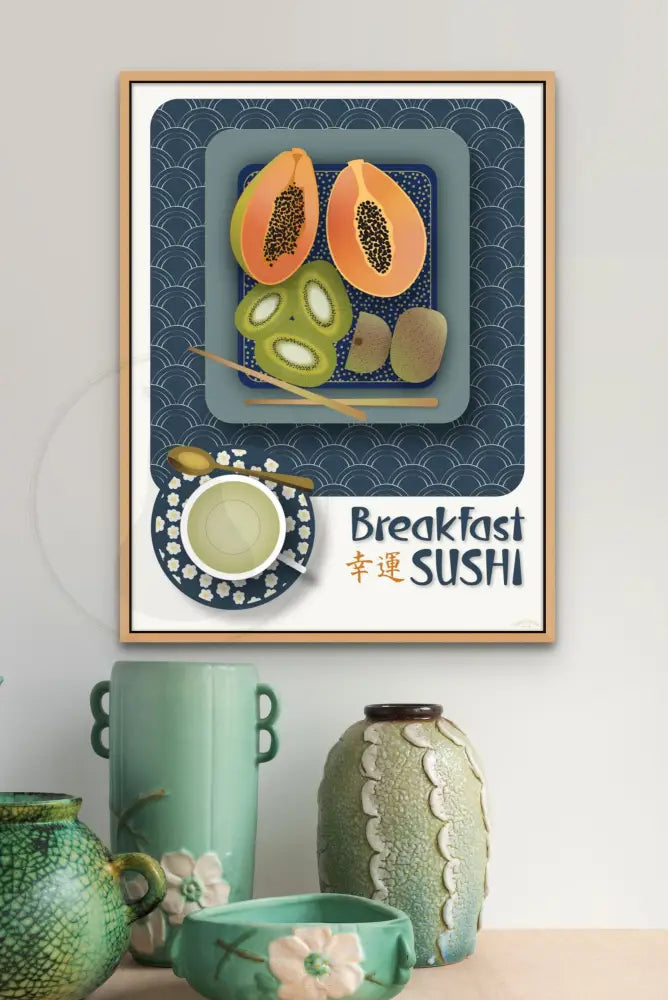 Breakfast Sushi Print Papaya And Kiwi 18 X 24 / Indigo Blue With Pattern Fine Art Matte Museum-Grade