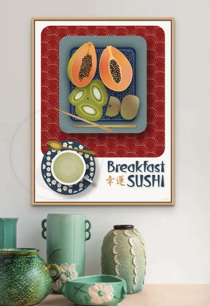 Breakfast Sushi Print Papaya And Kiwi 18 X 24 / Royal Red With Pattern Fine Art Matte Museum-Grade