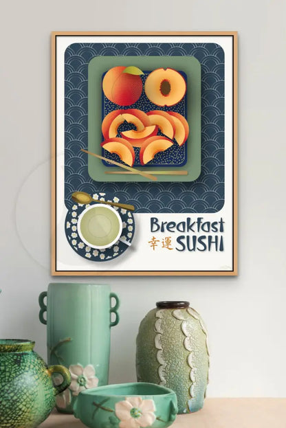 Breakfast Sushi Print Peaches 18 X 24 / Indigo Blue With Pattern Fine Art Matte Museum-Grade Paper
