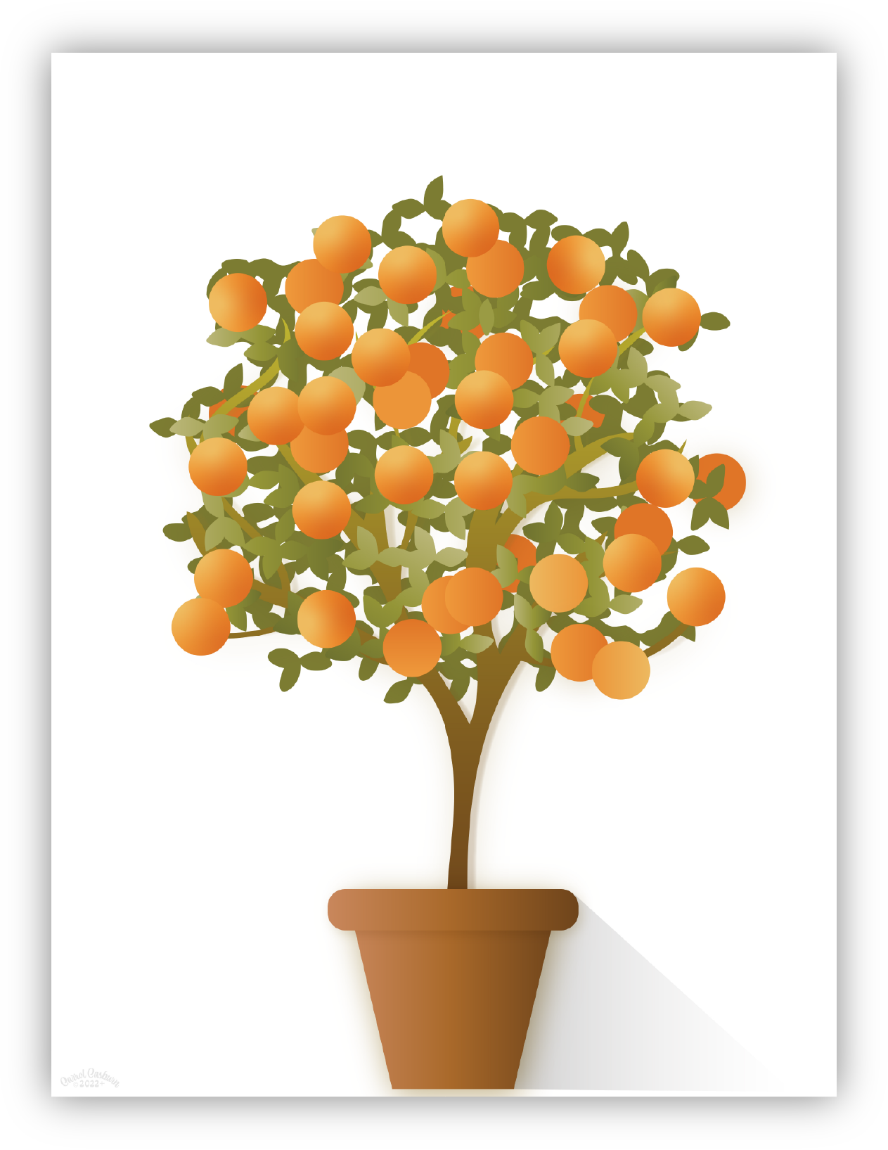 Elegant Artistic Orange Tree Topiary Fine Art Print Wall Decor White Background