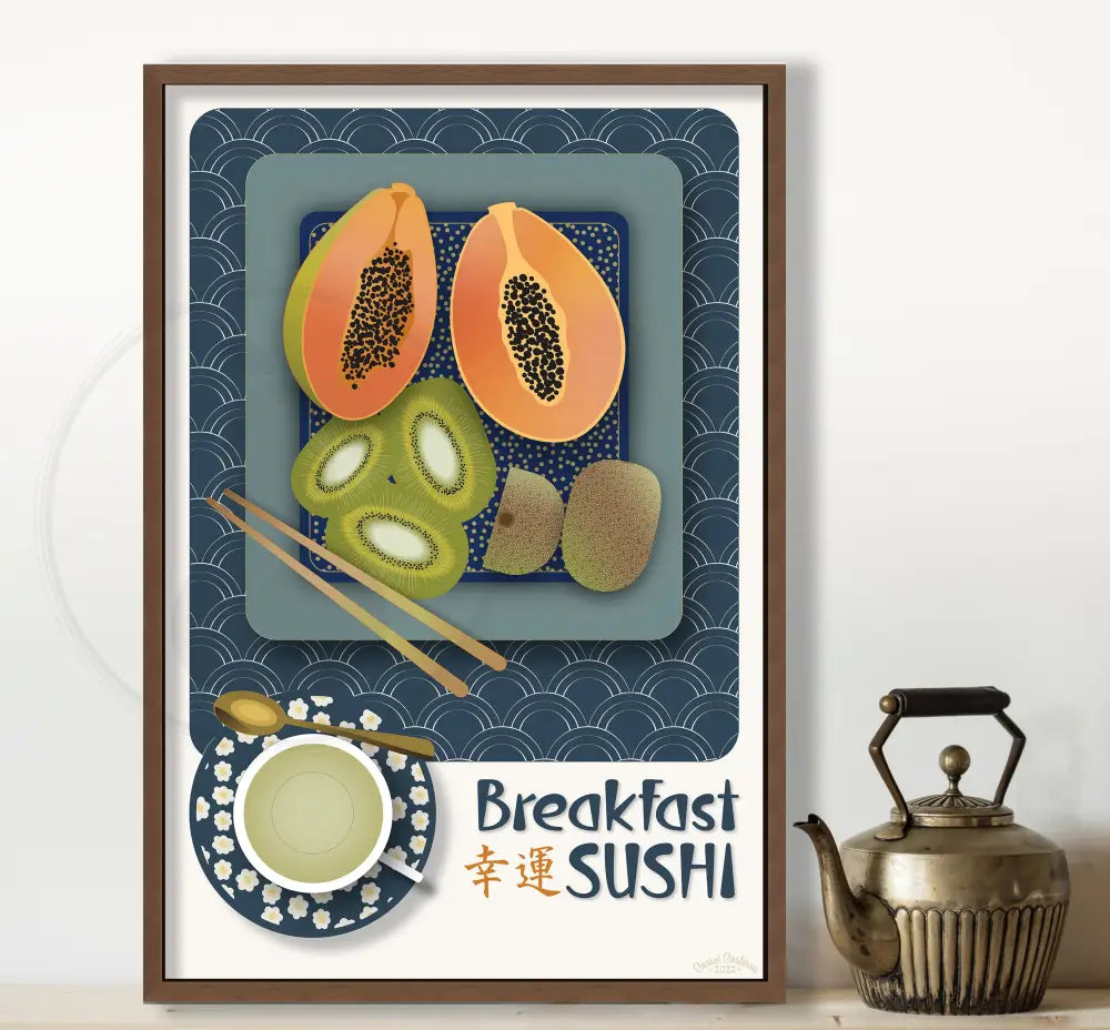 Breakfast Sushi Print Papaya And Kiwi 12 X 18 / Indigo Blue With Pattern Fine Art Matte Museum-Grade