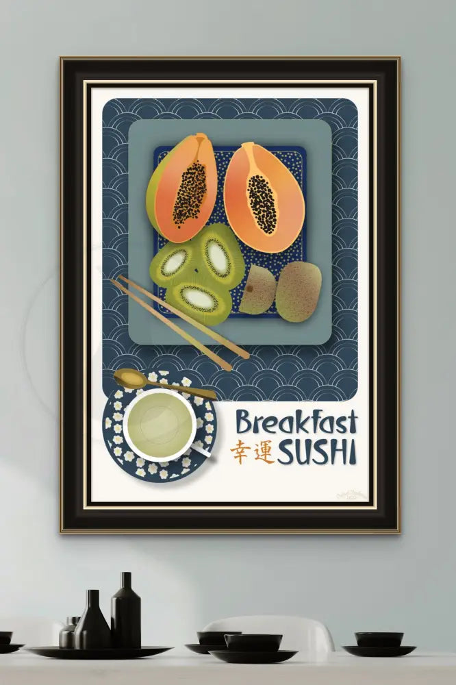 Breakfast Sushi Print Papaya And Kiwi 20 X 30 / Indigo Blue With Pattern Fine Art Matte Museum-Grade