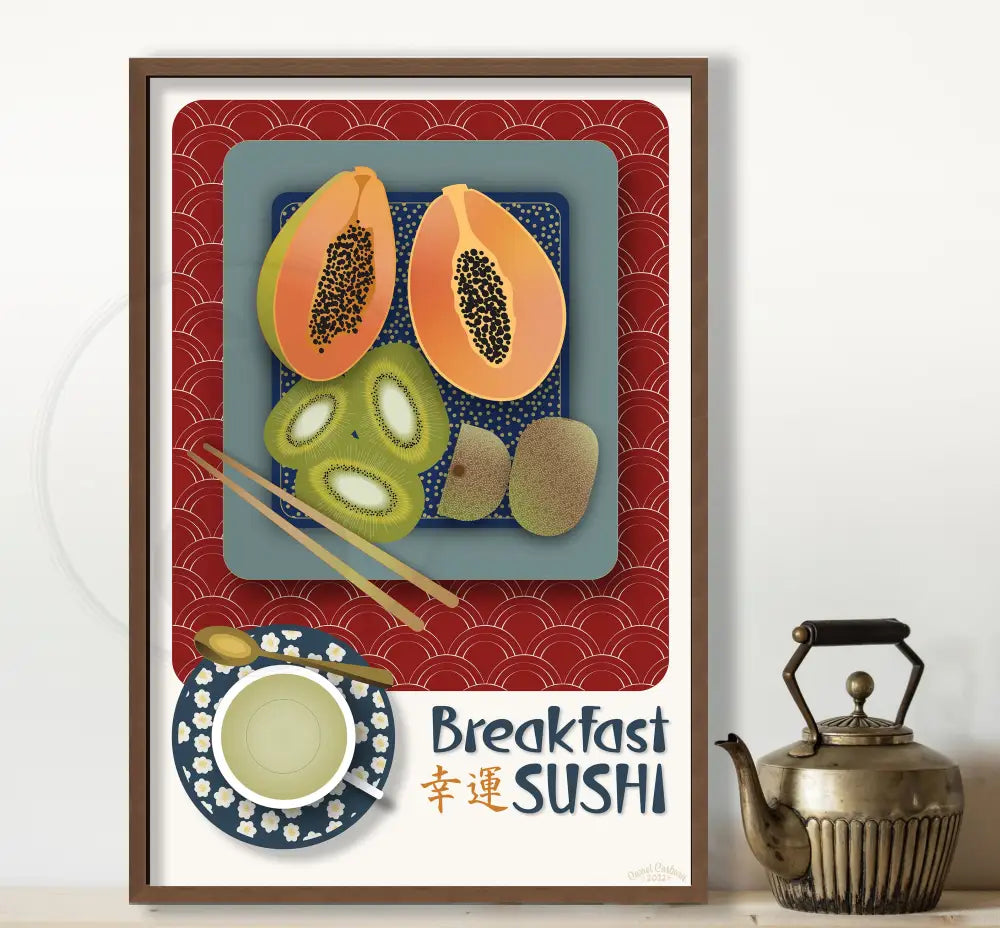 Breakfast Sushi Print Papaya And Kiwi 12 X 18 / Royal Red With Pattern Fine Art Matte Museum-Grade