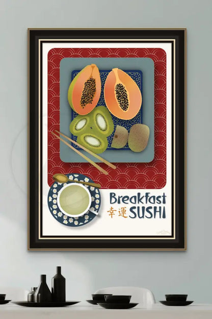 Breakfast Sushi Print Papaya And Kiwi 20 X 30 / Royal Red With Pattern Fine Art Matte Museum-Grade