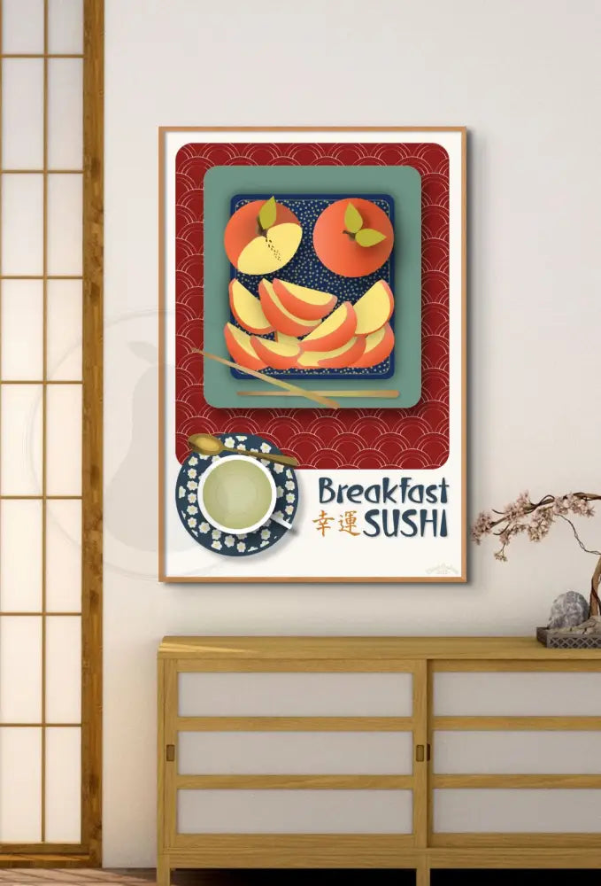 Japanese Artistic Apple Sushi Fine Art Print | Humorous Wall Decor Poster | Breakfast or Dining Room Art | Choice of Background Color