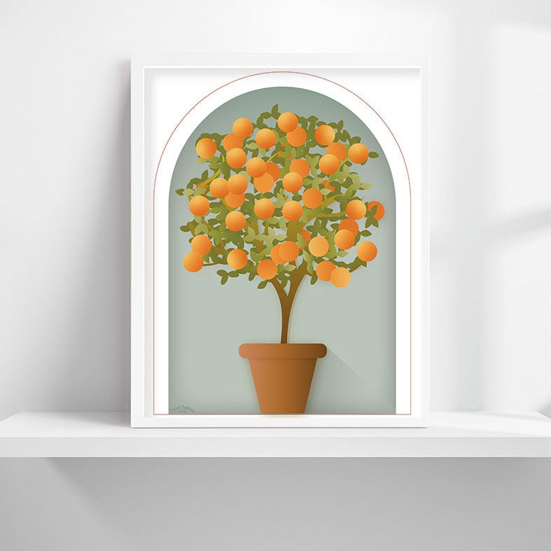 Elegant Artistic Orange Tree Topiary Fine Art Print Wall Decor Blue with White Background