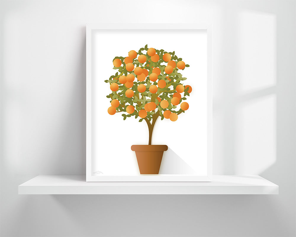 Elegant Artistic Orange Tree Topiary Fine Art Print Wall Decor White Background