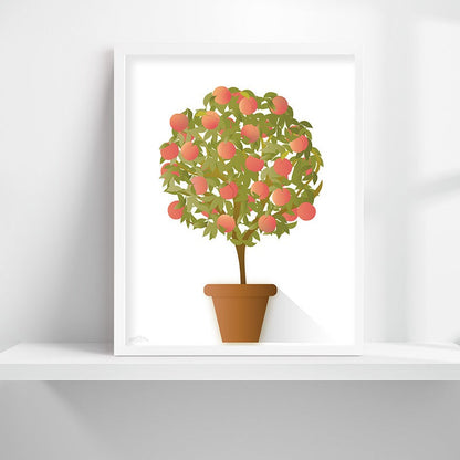 Elegant Artistic Peach Tree Topiary Fine Art Print Wall Decor White Background