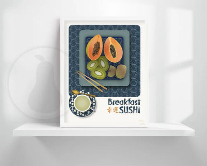 Japanese Artistic Papaya and Kiwi Sushi Fine Art Print | Humorous Wall Decor Poster | Breakfast or Dining Room Art | Choice of Background Color