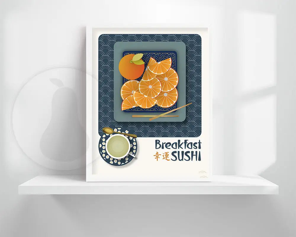 Japanese Artistic Orange Sushi Fine Art Print | Humorous Wall Decor Poster | Breakfast or Dining Room Art | Choice of Background Color