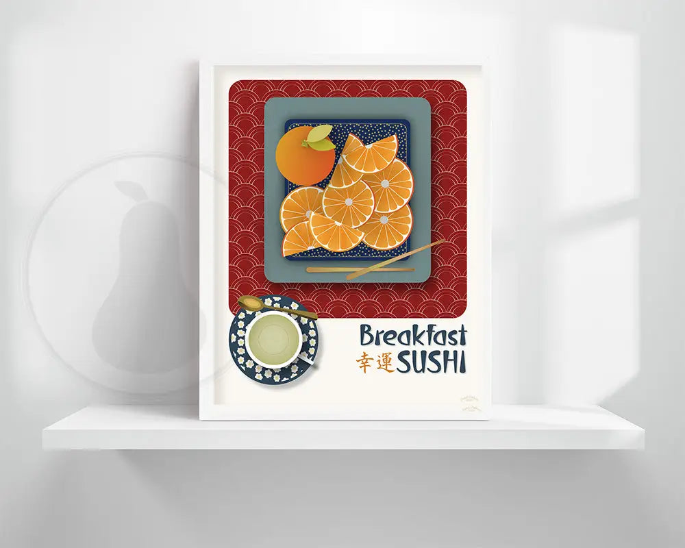 Japanese Artistic Orange Sushi Fine Art Print | Humorous Wall Decor Poster | Breakfast or Dining Room Art | Choice of Background Color