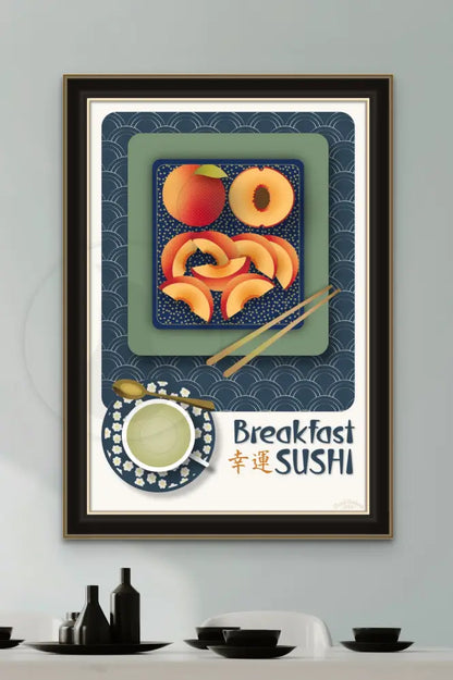 Breakfast Sushi Print Peaches 20 X 30 / Indigo Blue With Pattern Fine Art Matte Museum-Grade Paper