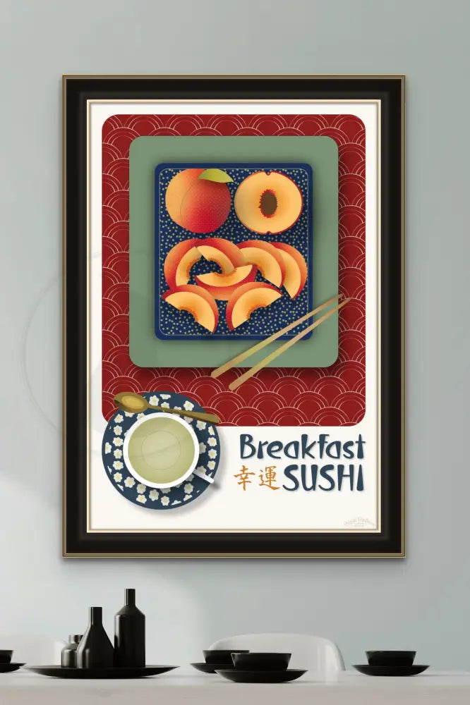 Breakfast Sushi Print Peaches 20 X 30 / Royal Red With Pattern Fine Art Matte Museum-Grade Paper