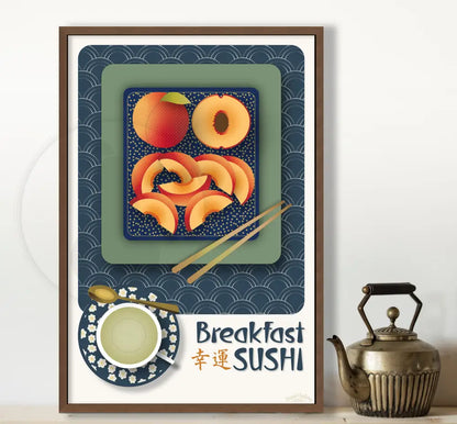Breakfast Sushi Print Peaches 12 X 18 / Indigo Blue With Pattern Fine Art Matte Museum-Grade Paper