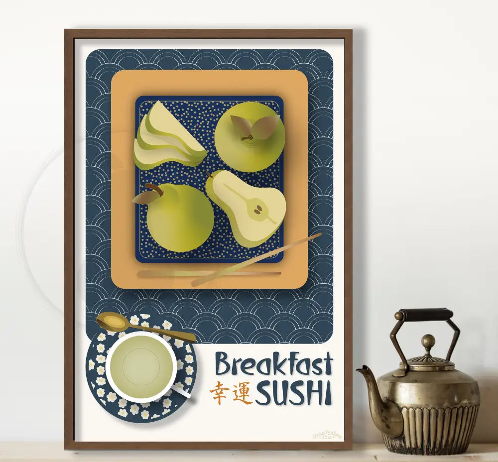 Breakfast Sushi Print Pears 12 X 18 / Indigo Blue With Pattern Fine Art Matte Museum-Grade Paper