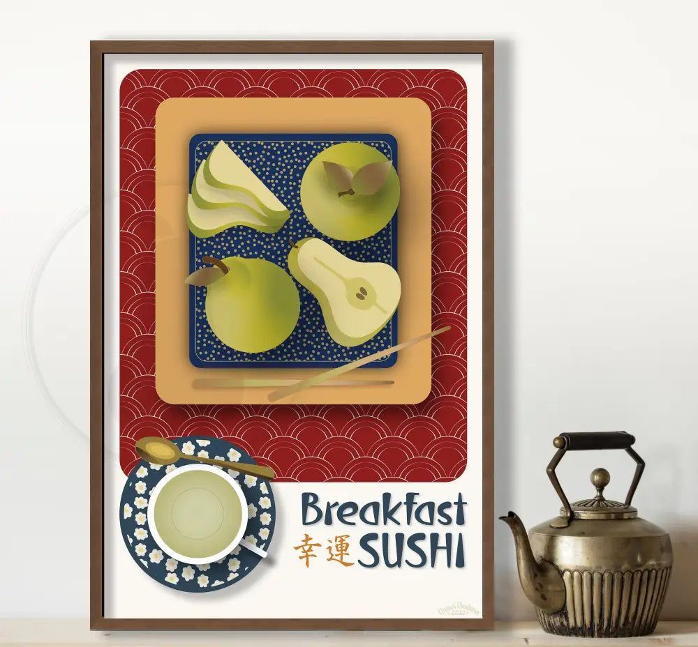 Breakfast Sushi Print Pears 12 X 18 / Royal Red With Pattern Fine Art Matte Museum-Grade Paper
