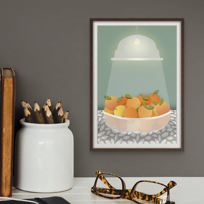 Radiant Harvest Bowl of Oranges | Fine Art Print Wall Decor | Sage Green Background