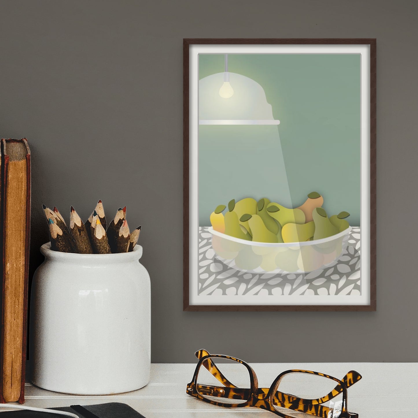Radiant Harvest Bowl of Pears | Fine Art Print Wall Decor | Sage Green Background